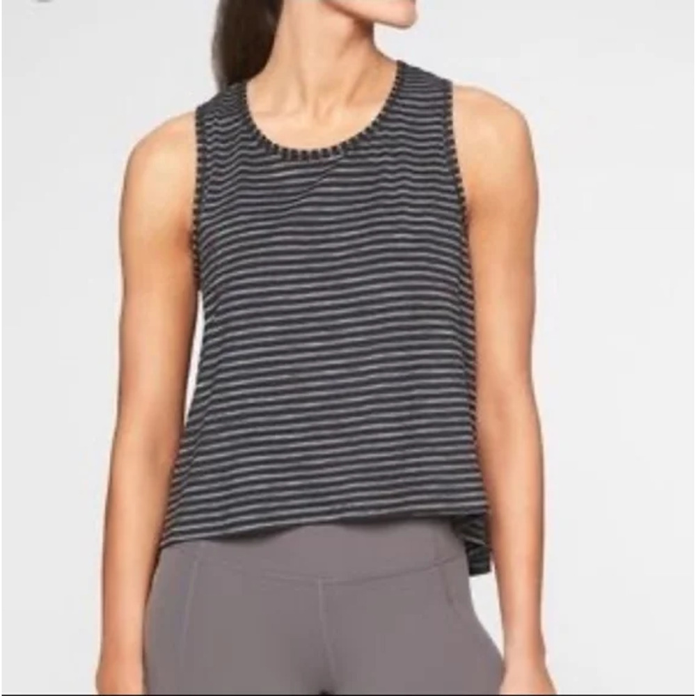 Athleta Chi High Low Striped Muscle Tank Women's L Black Gray Sleeveless Logo